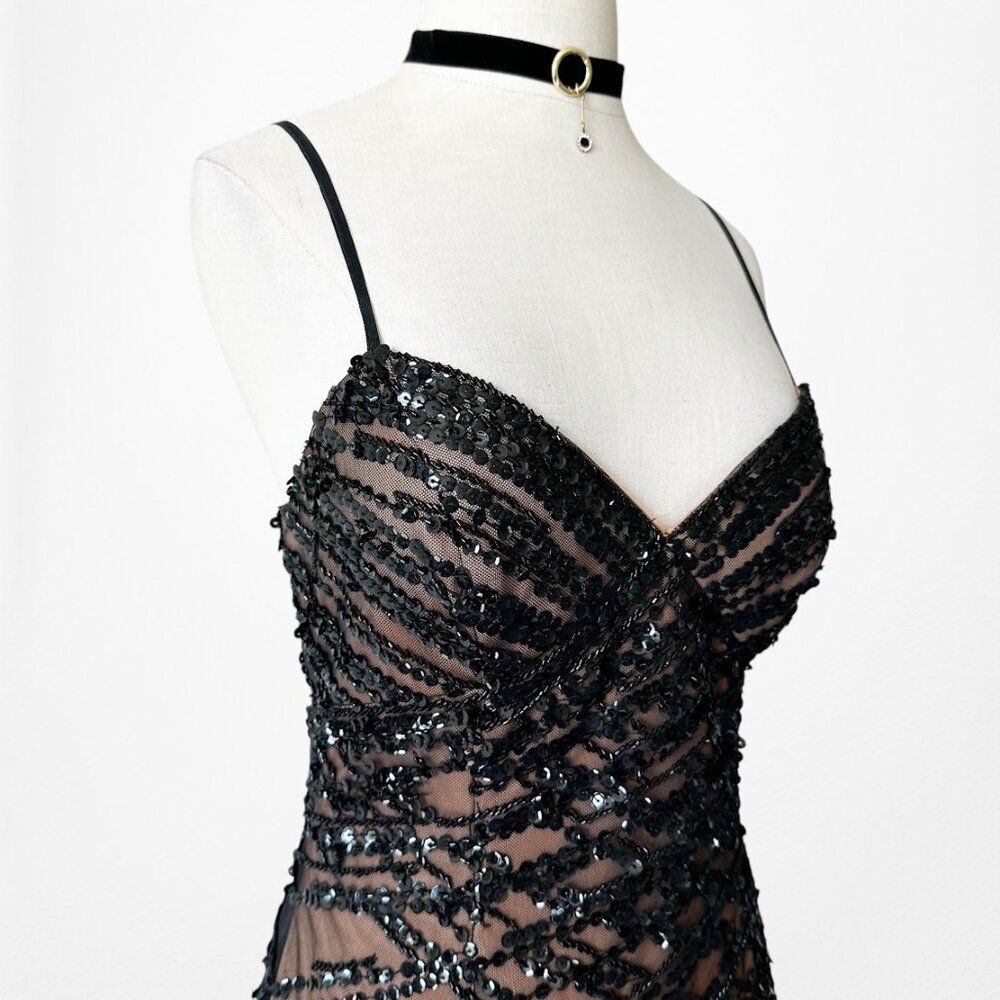 Vintage Y2K Brown Black Beaded Mesh Maxi Bodycon Side Slit Prom Dress Size M/L - Picture 11 of 13